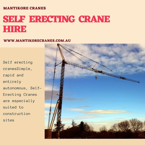 Mantikore Cranes are specialist in providing self-erecting crane hire service in Australia. We are here to do all the diligent work for you. We are giving the setup of the crane using our versatile crane reducing any pressure or stress related to the underlying setup stage. The majority of our cranes is appropriately kept up and is reliably given to our customers according to your specific needs. We are providing new as well as used cranes for sale. We have Professional who helped you always if any fault might occur. We are also providing Mobile cranes, self-erecting cranes, electric luffing cranes. For more information, visit our website or email us at info@mantikorecranes.com.au. Opening Hours is Monday to Friday from 7 am to 7 pm.

Website: https://mantikorecranes.com.au/