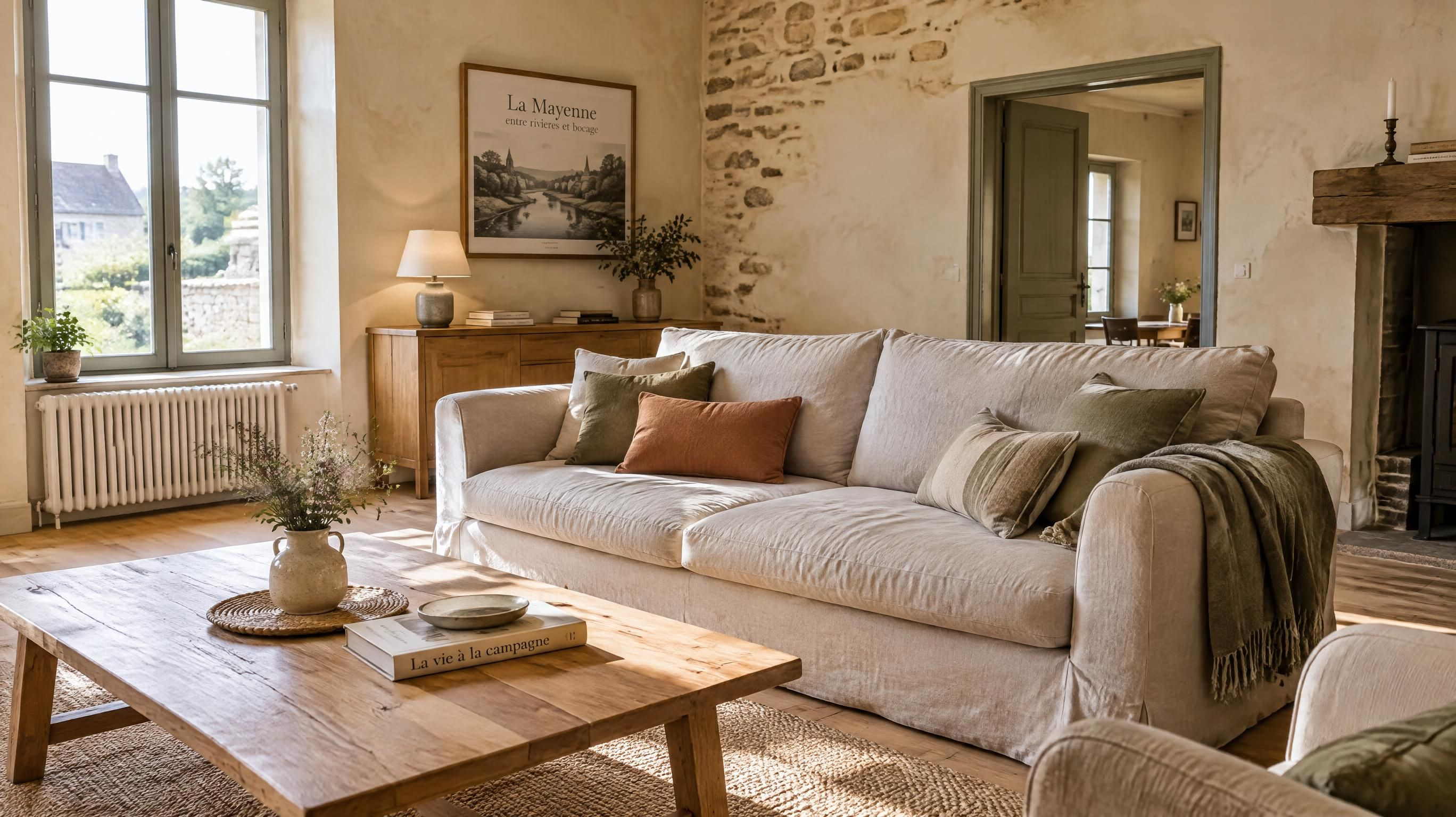 Salon authentique et soigné avec parquet et pierre apparente en Mayenne conciergerie Airbnb