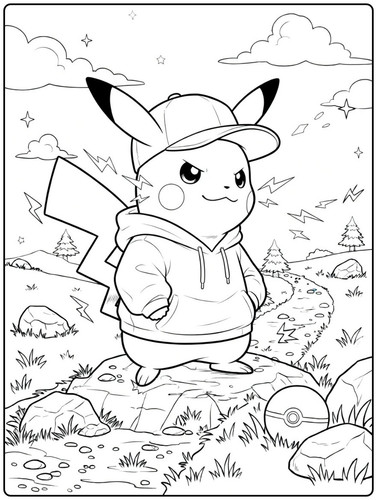 Pikachu Ausmalbilder mit Kapuze und Baseballkappe auf Felsen.jpg