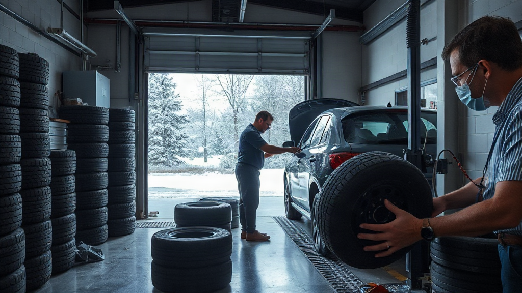 Stacks of winter tires in a Canadian garage during the seasonal tire changeover rush