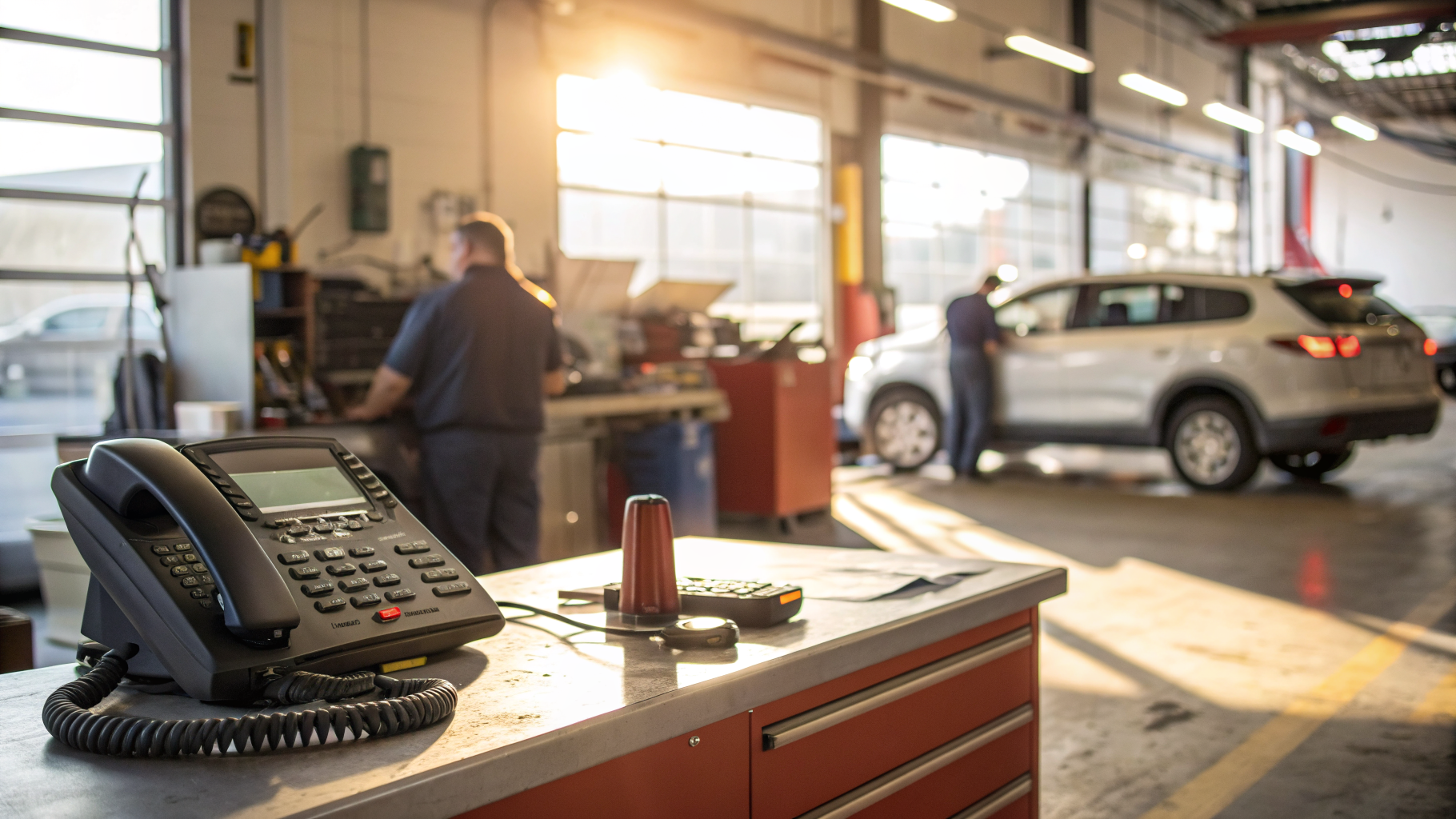 A ringing phone on an auto repair shop counter while a mechanic works in the background, illustrating missed calls on busy days