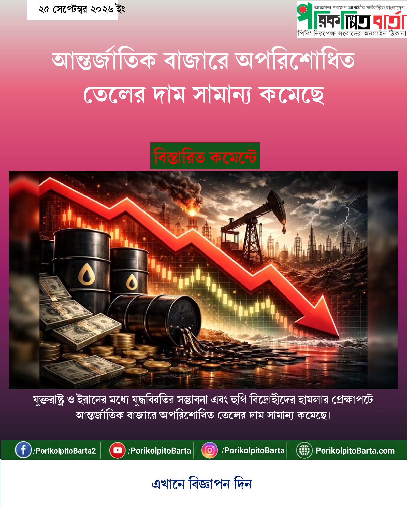 আন্তর্জাতিক বাজারে অপরিশোধিত তেলের দাম সামান্য কমেছে