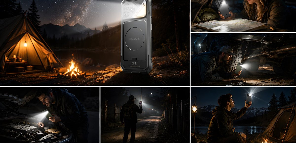 Lámpara integrada iluminando un campamento de noche