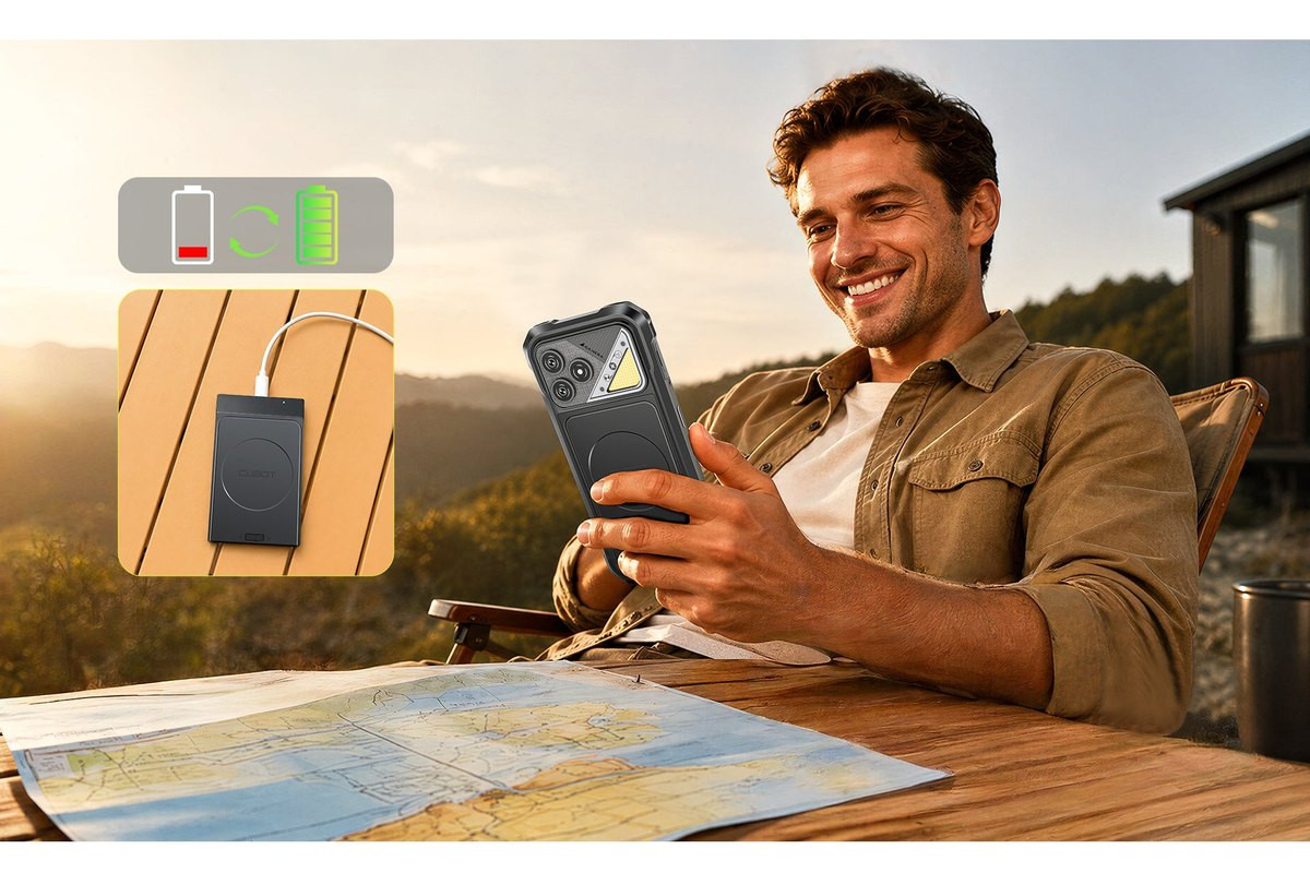 Hombre revisando el celular en una mesa al aire libre