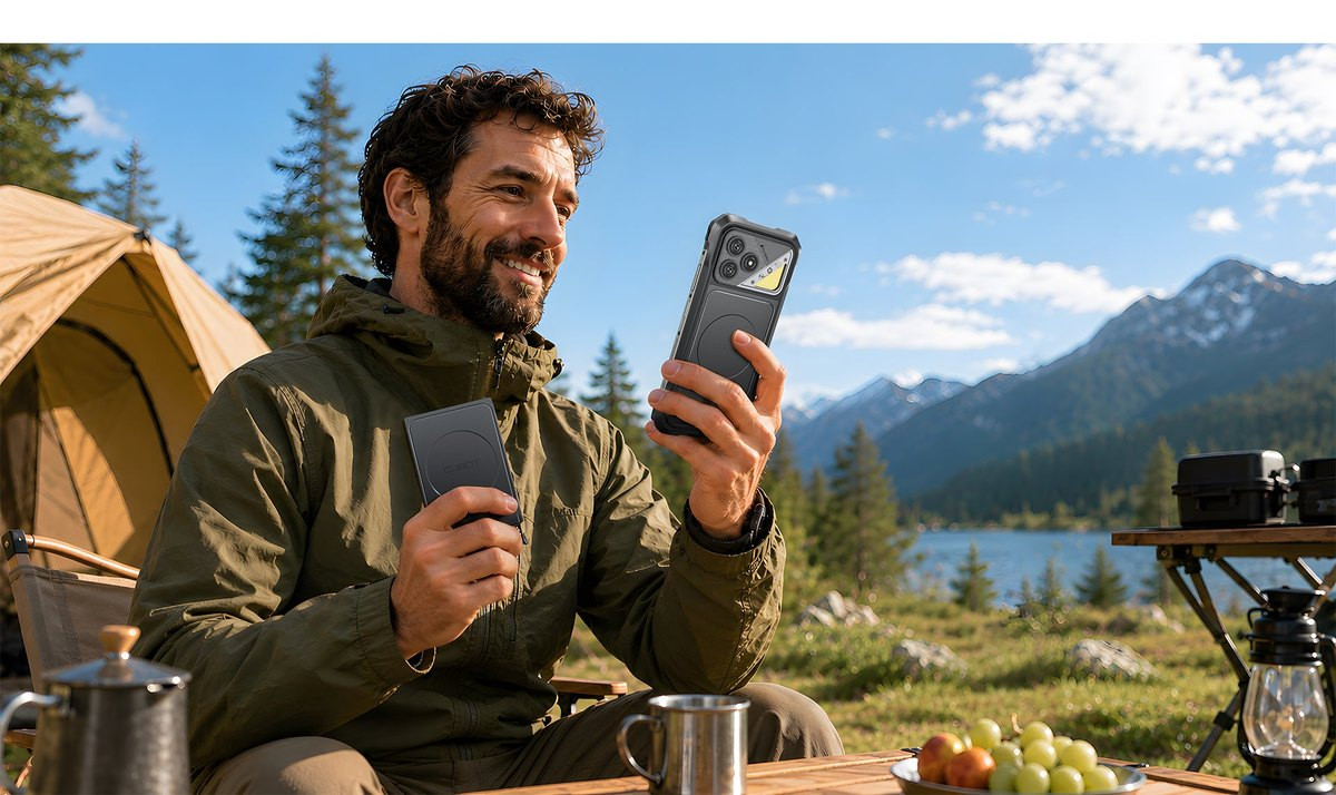 Hombre usando el celular todoterreno en el campo