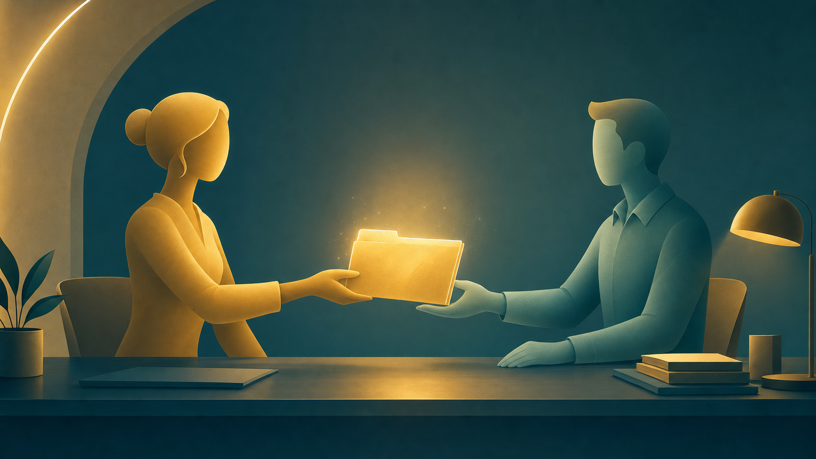 Abstract illustration of a handover between two staff members with a glowing donor file
