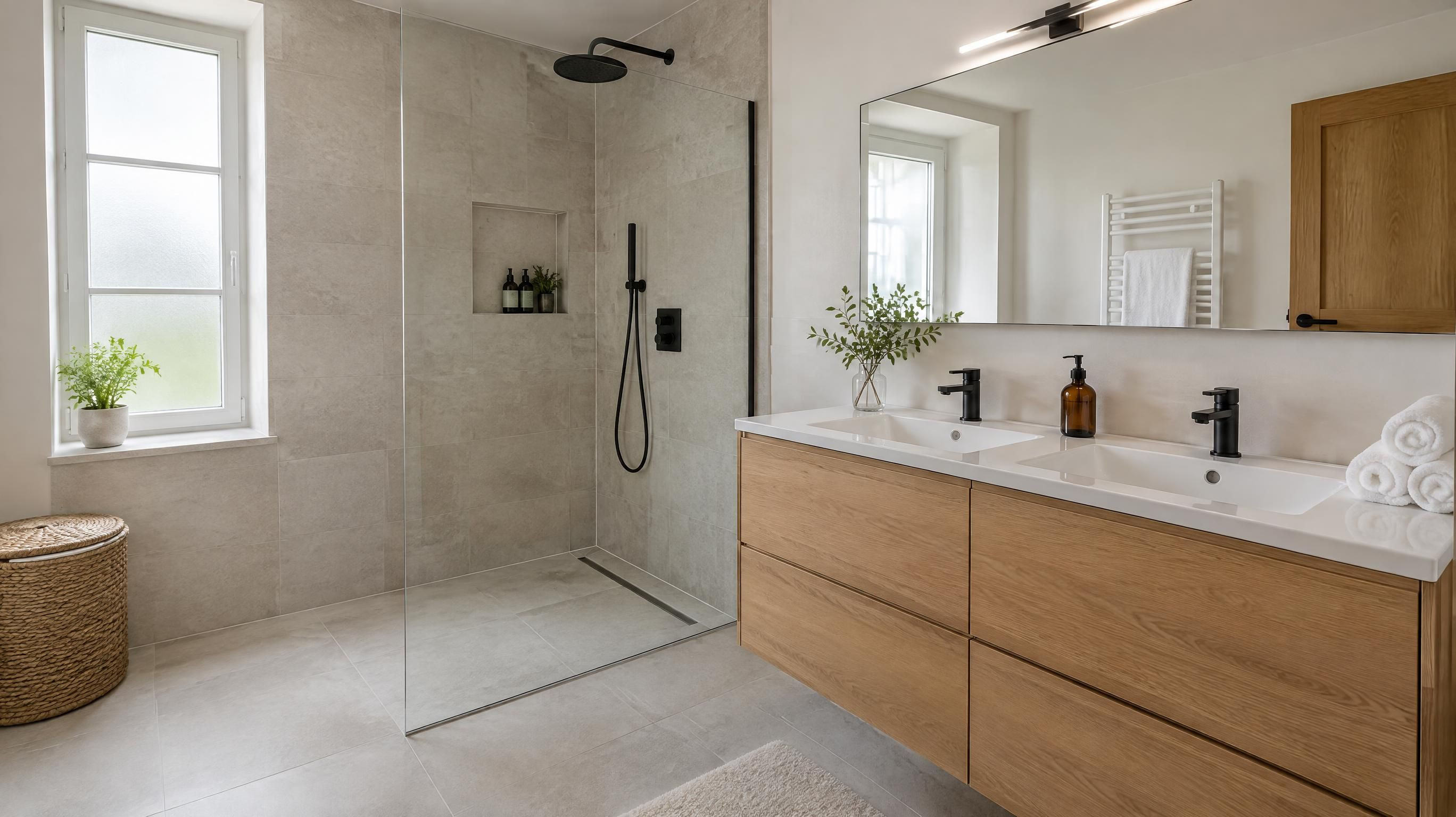 Douche à l'italienne moderne et meuble vasque en chêne clair équipement Airbnb de standing Mayenne