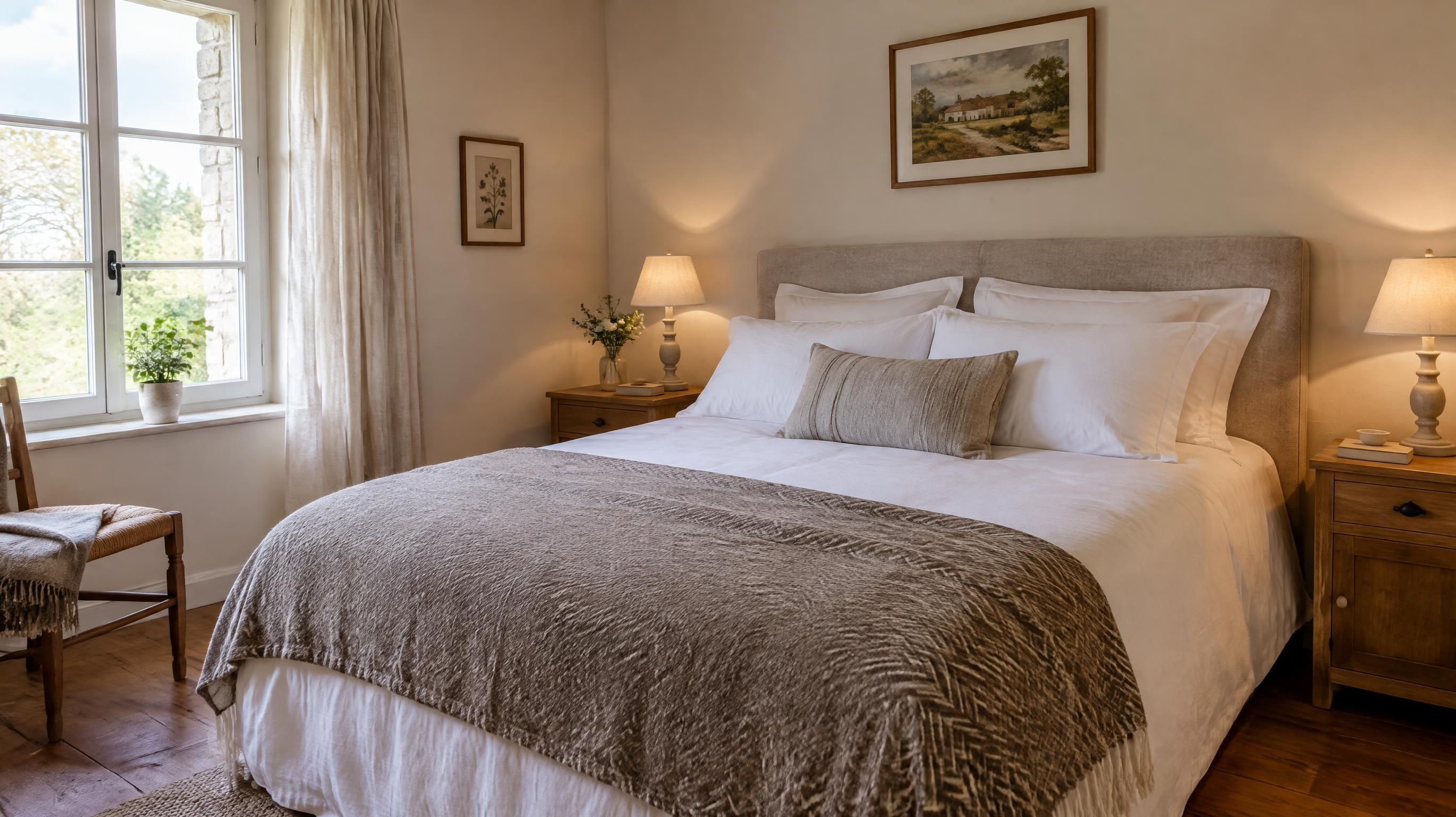 Chambre douillette et chaleureuse lit fait au carré parquet et lampes de chevet Mayenne