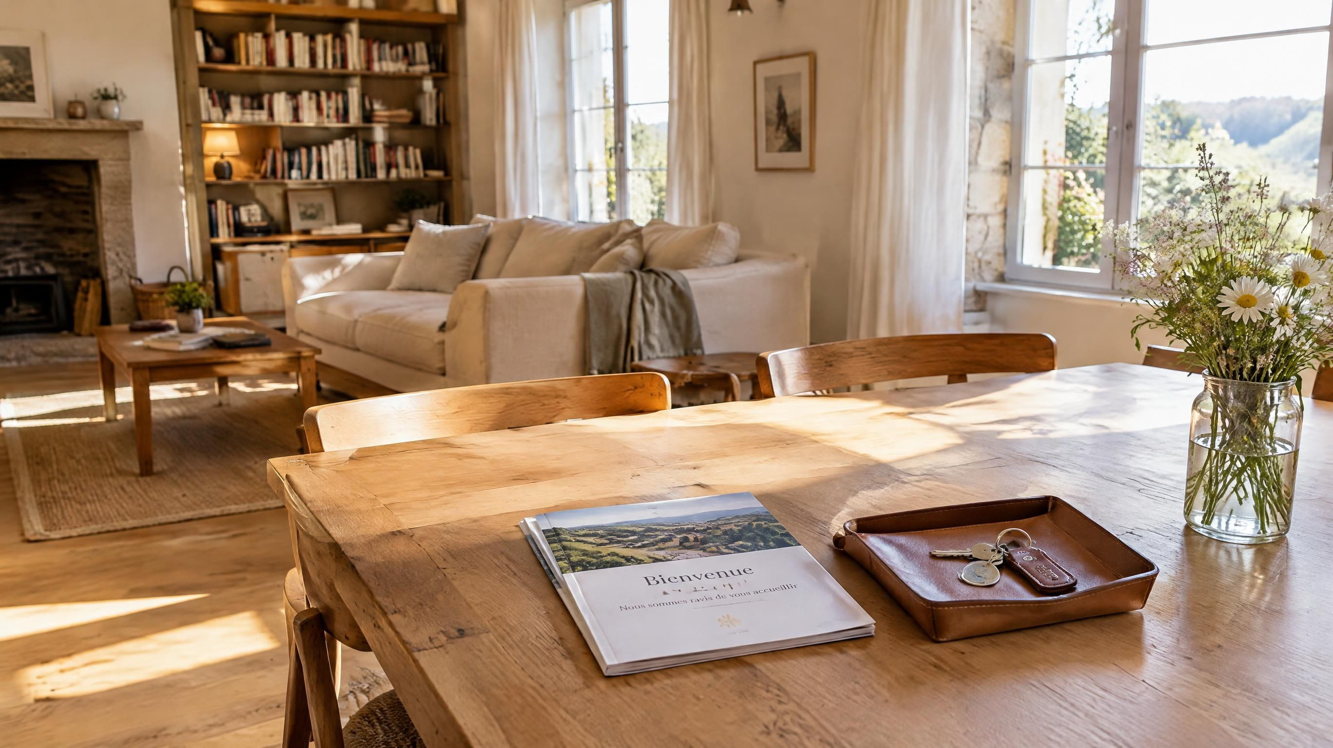 Séjour lumineux avec table en bois et documents d accueil conciergerie prestige Mayenne