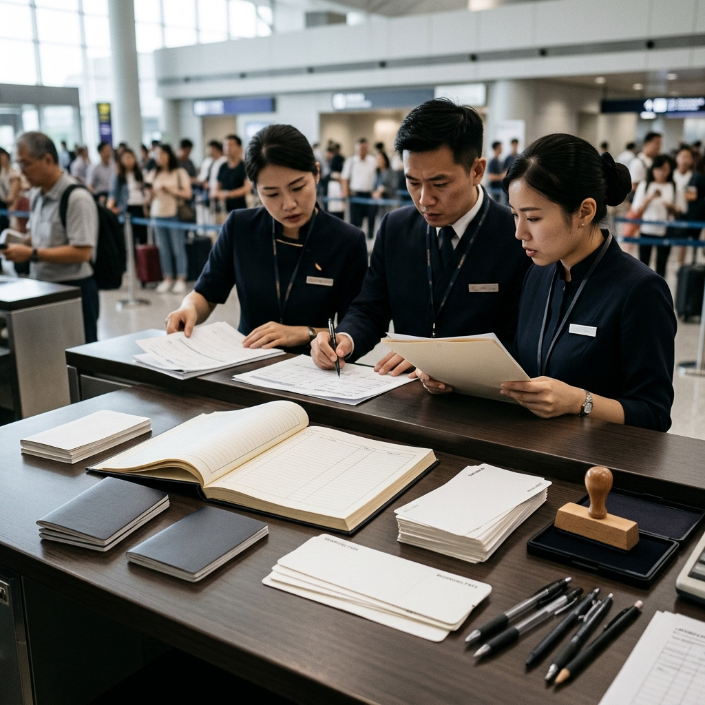 공항 탑승 수속 카운터 전산 마비로 인한 수기 체크인 및 종이 발권 장부 현장