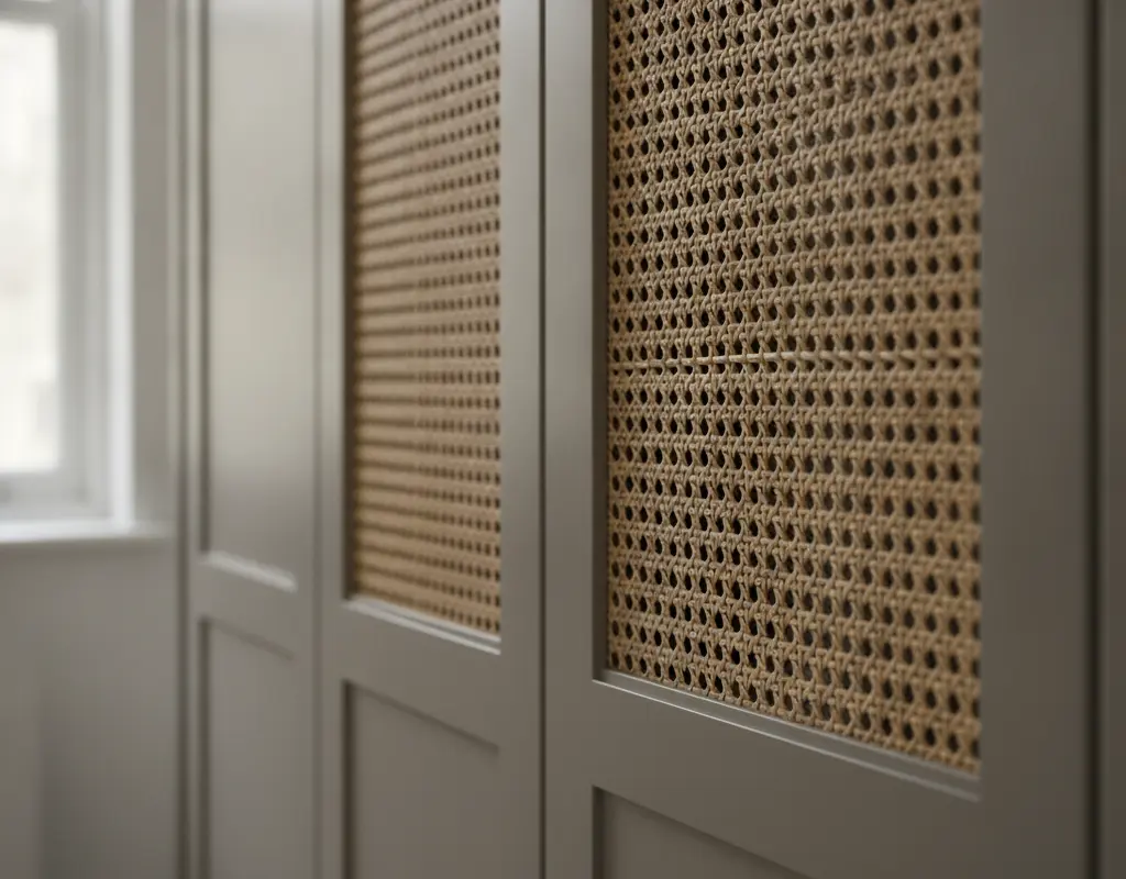 Detailed view of an IKEA Pax wardrobe door upgraded with a custom cane inlay.