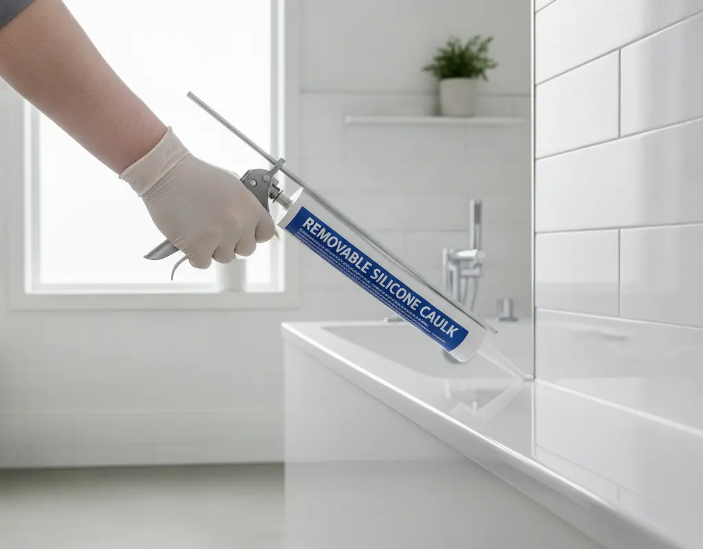 Applying new removable caulk to a rental bathtub seam for a fresh look