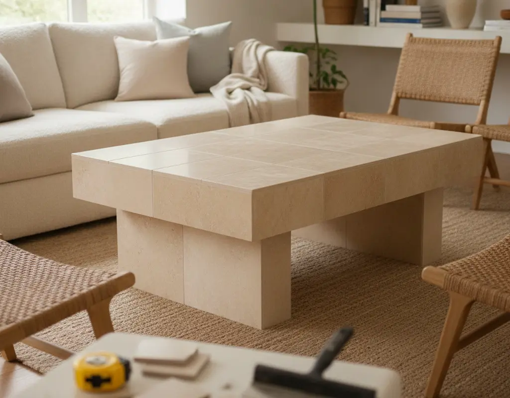 Finished DIY travertine coffee table with a modern, organic aesthetic in a living room setting