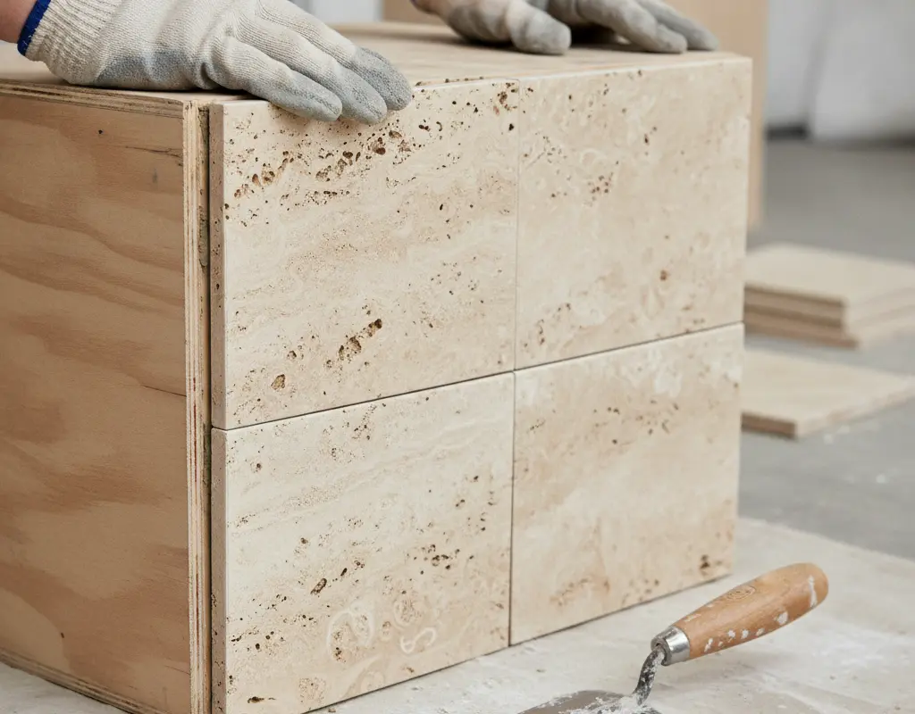 Hands assembling a DIY travertine coffee table, attaching stone tiles to a plywood base