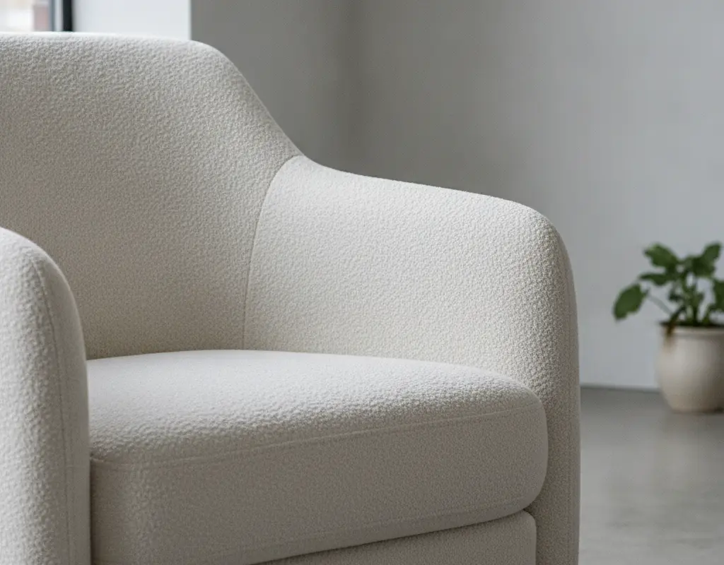 Elegant boucle accent chair, a successful DIY project, in a bright living space.