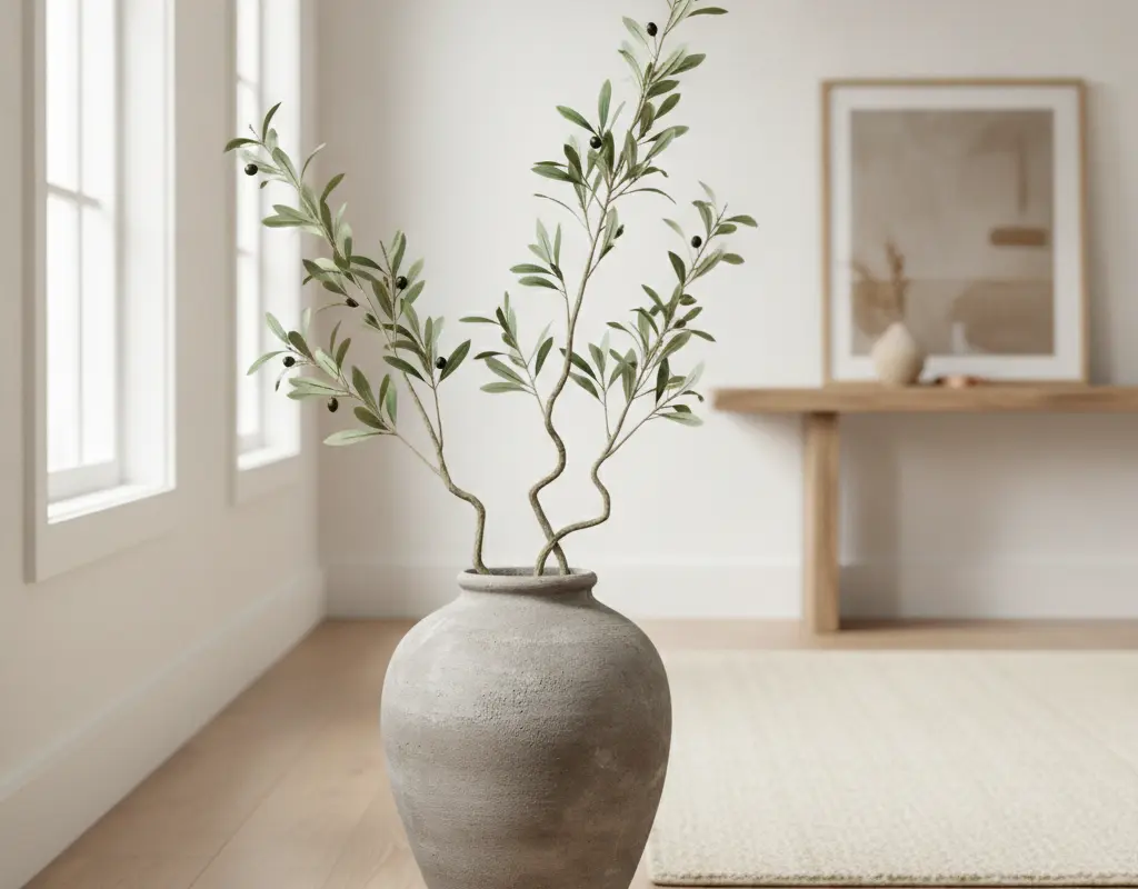 Large stoneware vase with tall faux olive branches creating an organic modern focal point in a minimalist living room.