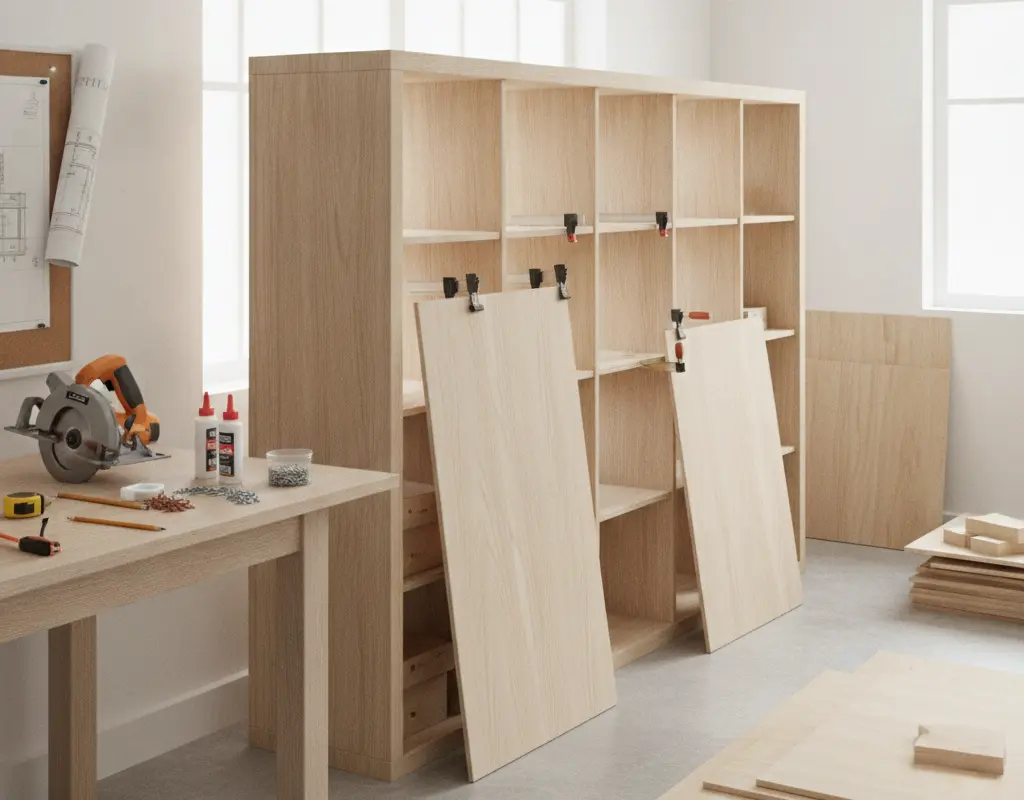 IKEA Kallax unit being transformed with oak plywood for a modern credenza hack