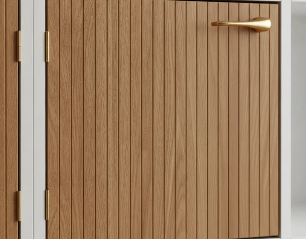 Detailed view of a fluted custom door for an IKEA Kallax credenza hack