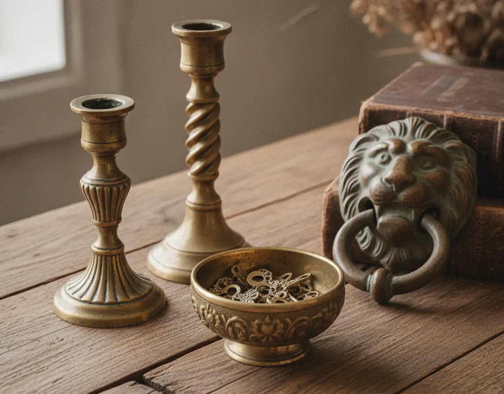 Tarnished vintage brass candlesticks and decor awaiting cleaning.
