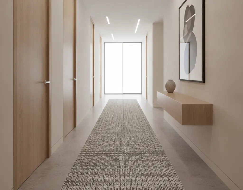 Stylish patterned hallway runner rug in a bright, narrow apartment corridor