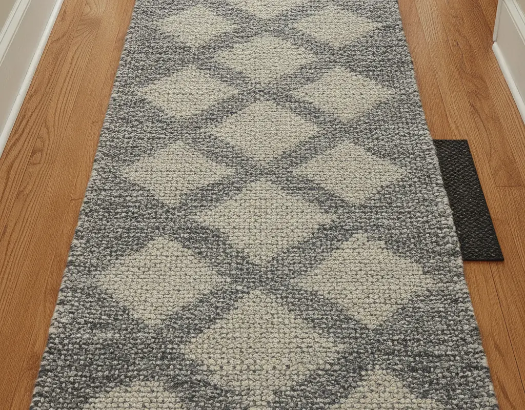 Flatweave wool runner rug with correct floor margins and a non-slip gripper