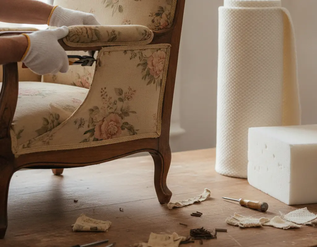Steps for stripping old chair fabric and prepping for boucle reupholstery.