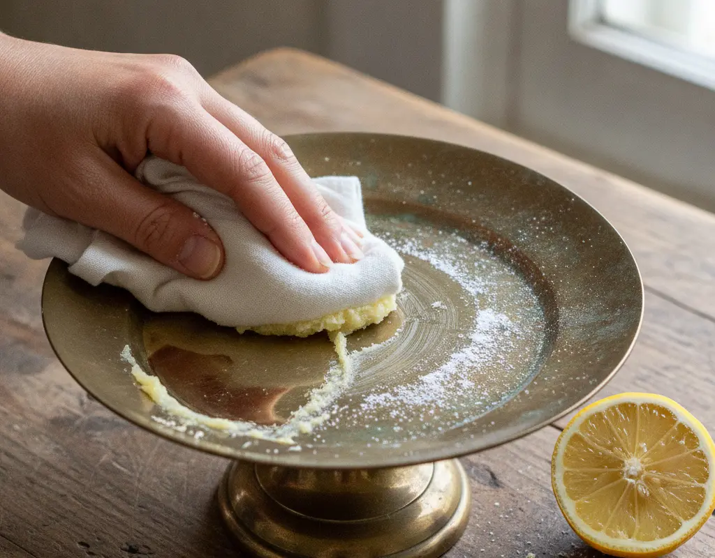 Hand polishing vintage brass with a natural lemon and baking soda paste.