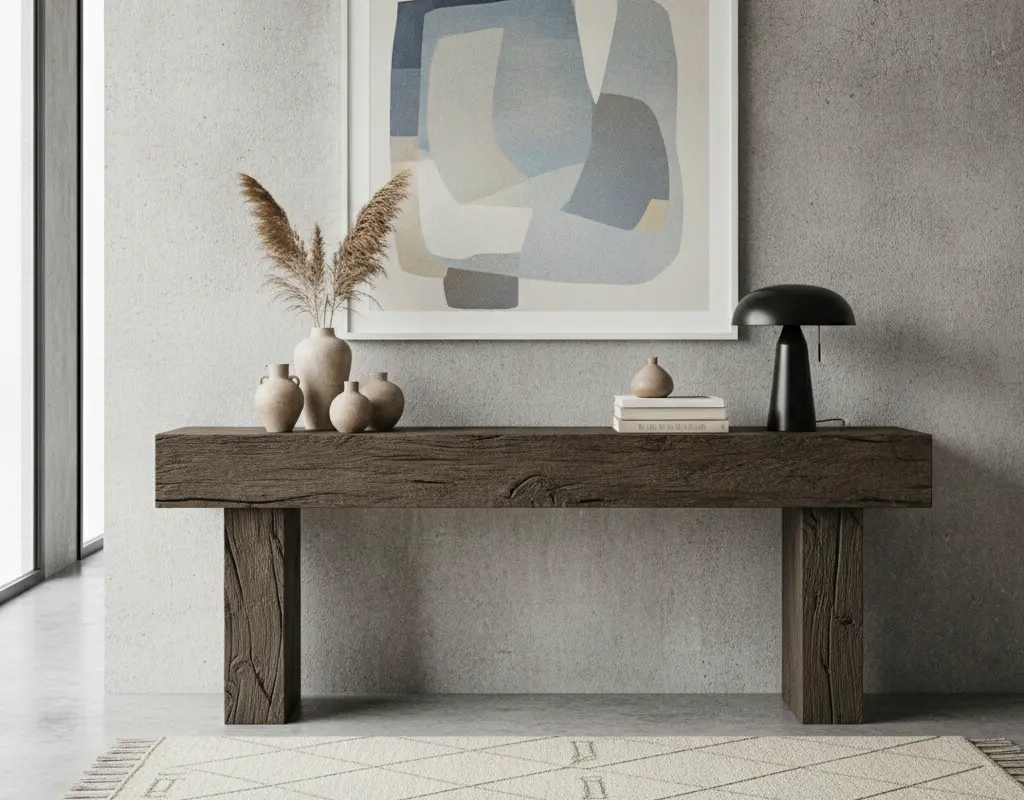Dark wood console table ready for DIY limewash furniture transformation