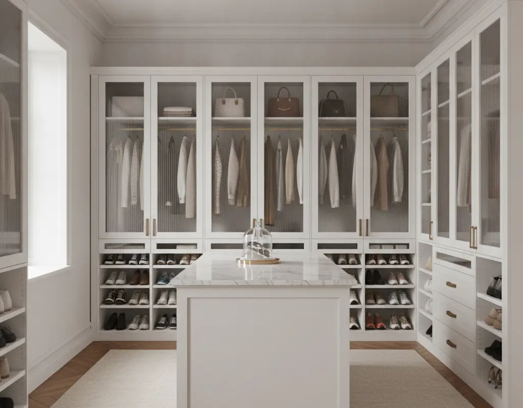 Customized IKEA Pax wardrobe hack with built-in trim and luxurious details in a modern closet.