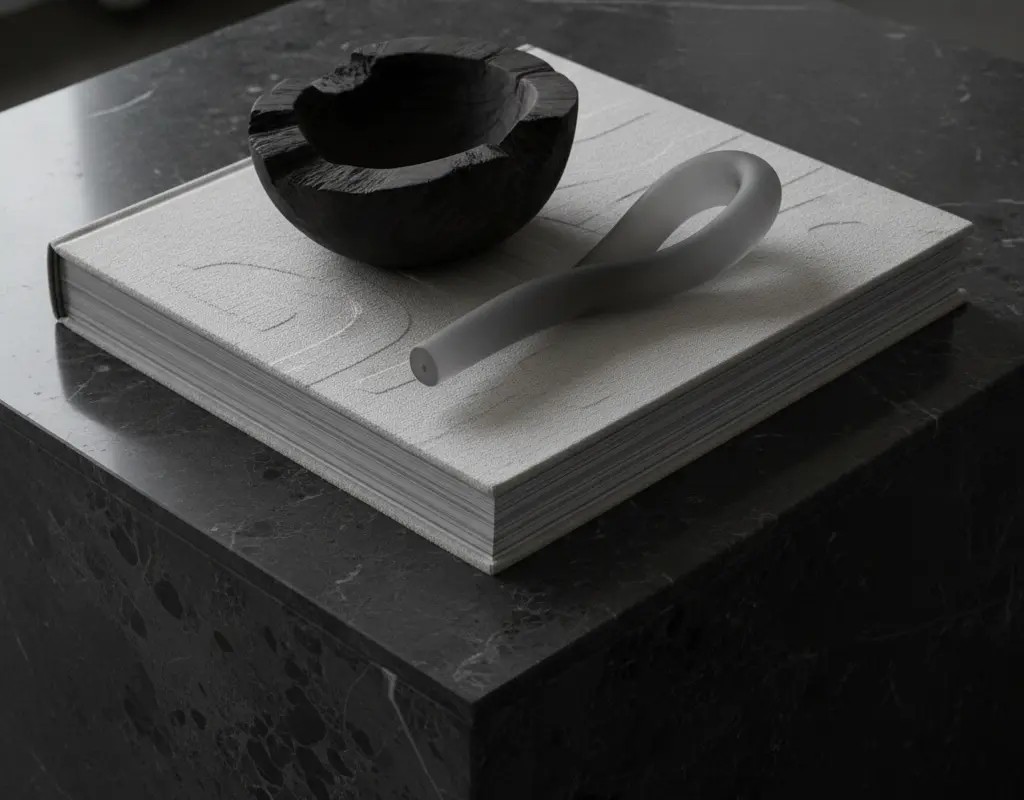 Detailed view of a marble plinth coffee table with monochromatic, textured decor