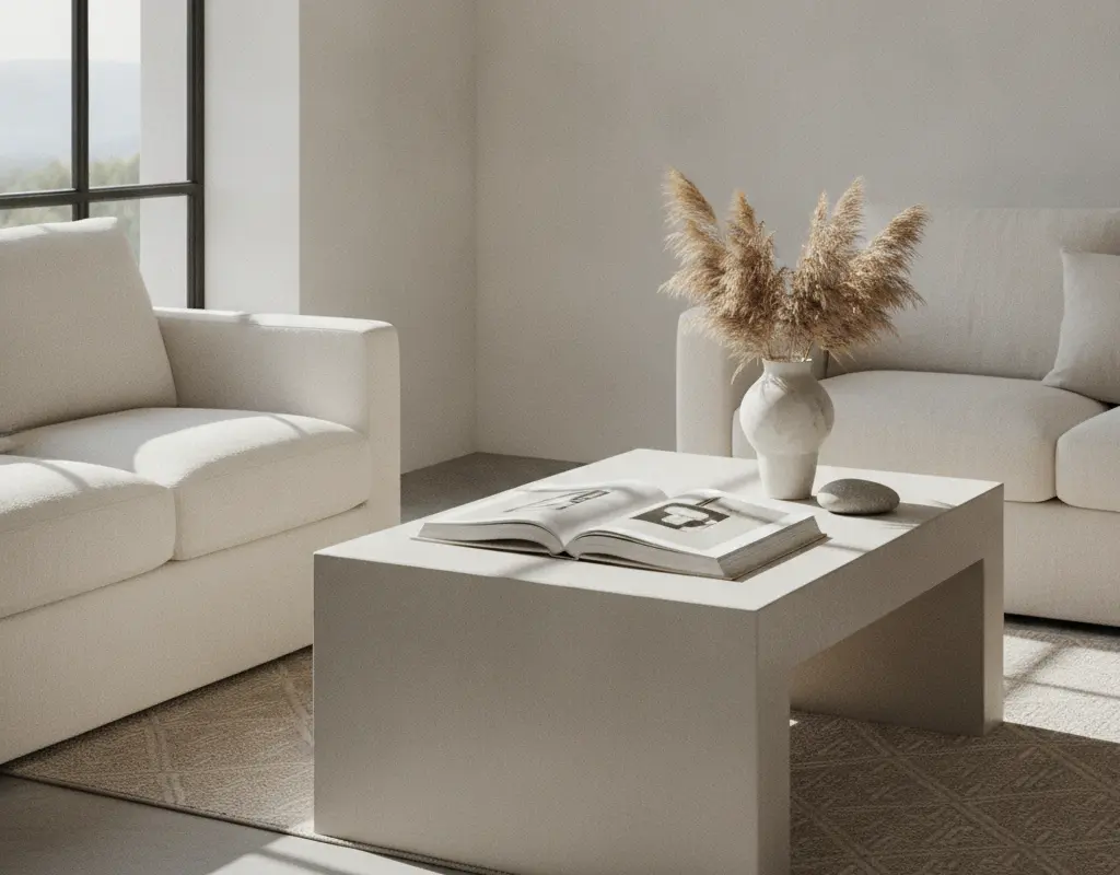Minimalist living room with a concrete plinth coffee table displaying curated decor