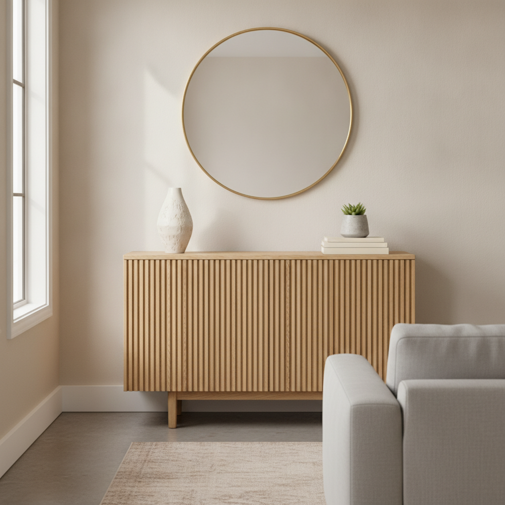 Modern fluted oak console table in a minimalist living room, created with a pole wrap furniture hack.
