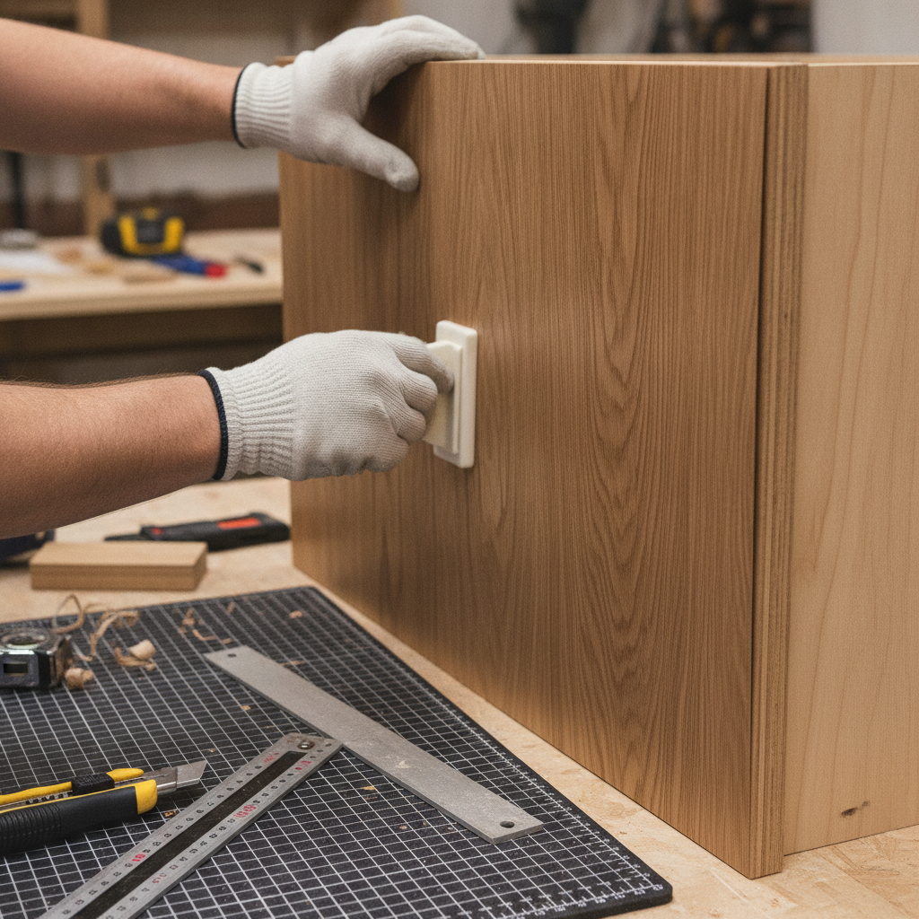 Hands applying oak pole wrap to a furniture piece with contact cement during a DIY pole wrap furniture hack.