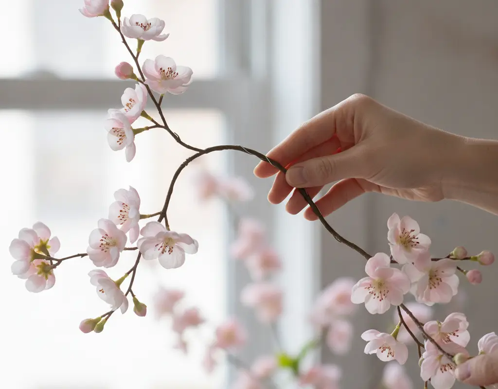 Detail of bending a faux quince blossom branch stem for an organic, asymmetrical arrangement.