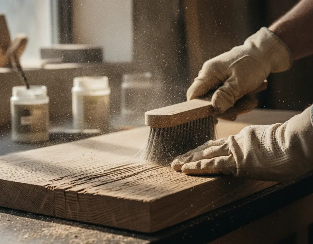 Hands wire-brushing wood grain to prepare for limewash application