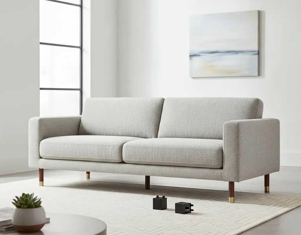 Before and after comparison of a sofa, highlighting new brass-capped walnut furniture legs.