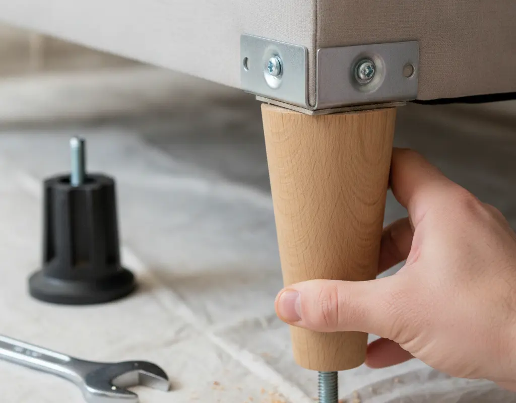 Detailed view of installing a furniture leg with a hanger bolt and mounting plate.
