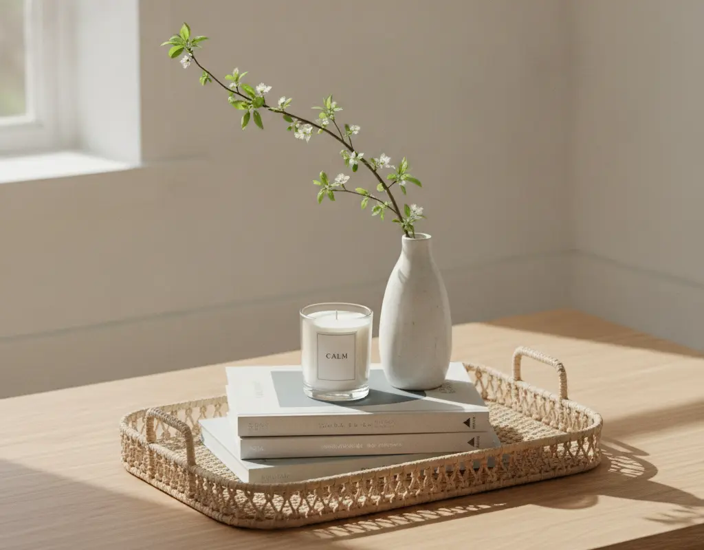 Elegant coffee table with a decorative tray holding books, a candle, and a vase