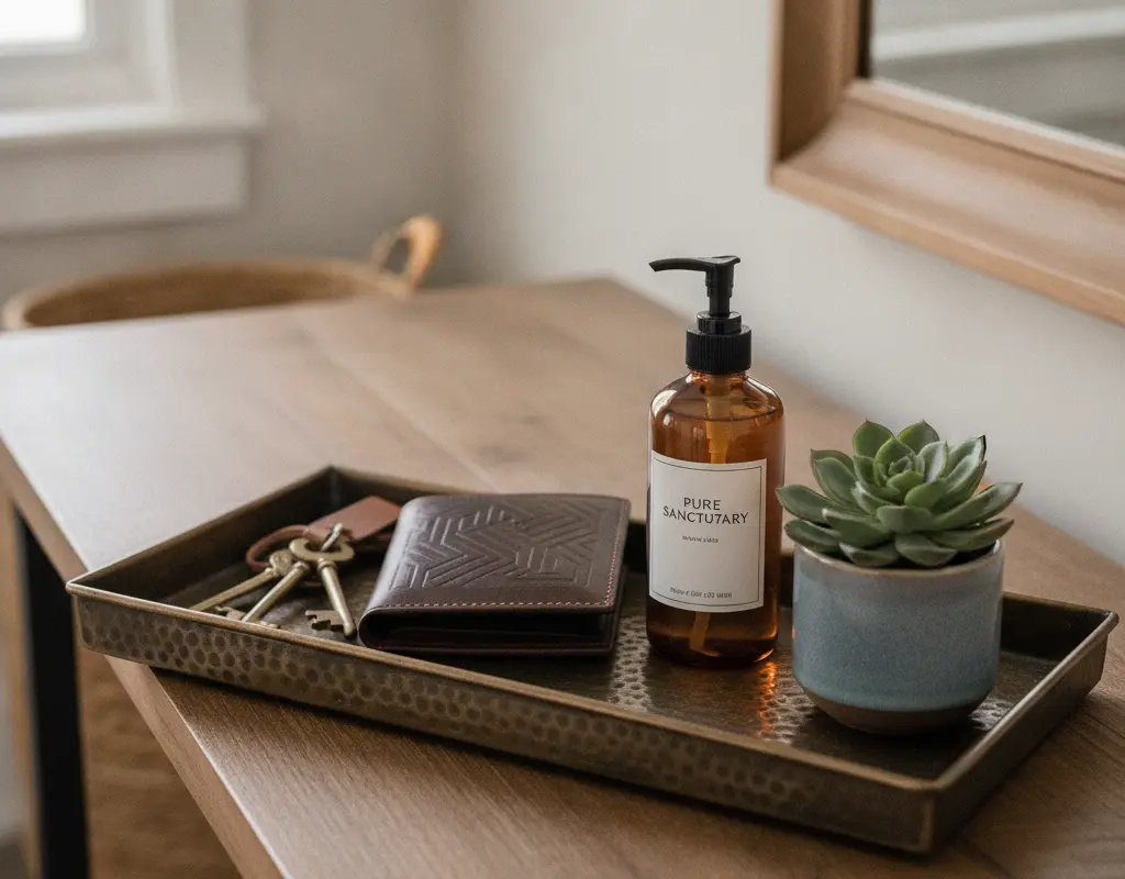Entryway console with a functional decorative tray corralling keys and essentials