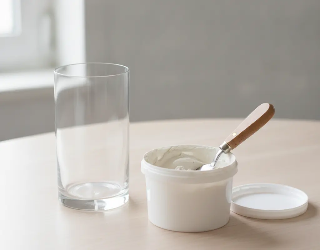 Materials for a joint compound vase makeover: clear glass vase, joint compound, and palette knife