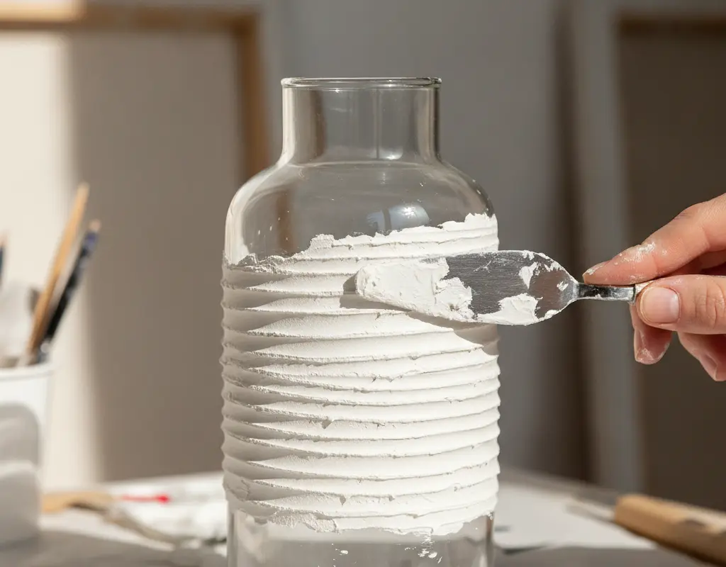 Applying joint compound to a glass vase with a palette knife for texture