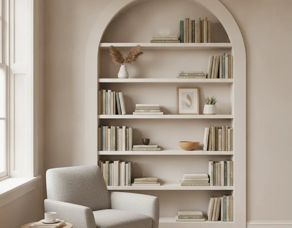 Elegant living room alcove with a custom DIY arched bookshelf hack, styled with books and decor.