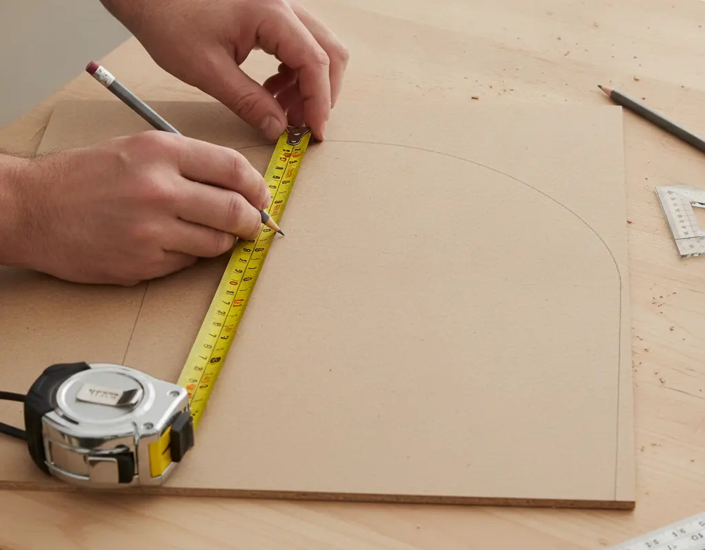 Hands drafting an arch template onto MDF board for a DIY bookshelf project.