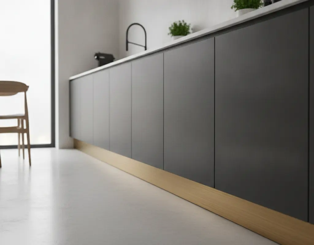 DIY brass toe kick elevating kitchen cabinets with a floating aesthetic
