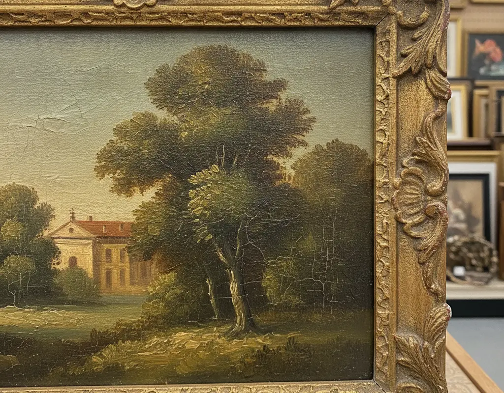 Detailed close-up of a thrifted oil painting, highlighting the textured brushstrokes and an ornate gold frame, suggesting a valuable find.