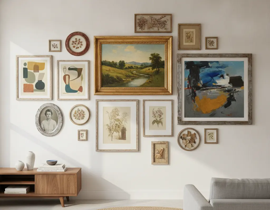 A sophisticated gallery wall featuring an eclectic mix of thrifted art, including vintage portraits, abstract pieces, and varied frames, creating a high-end look in a modern living room.