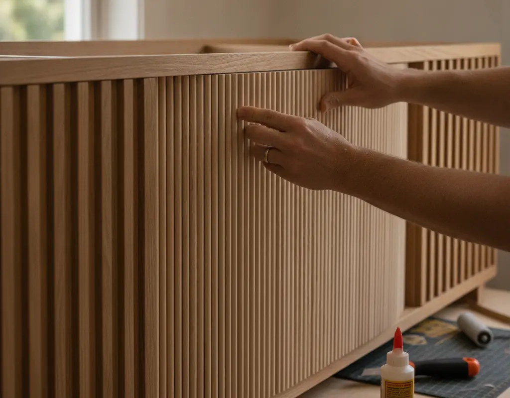 Detailed view of applying wooden tambour fluting to a DIY sideboard door.