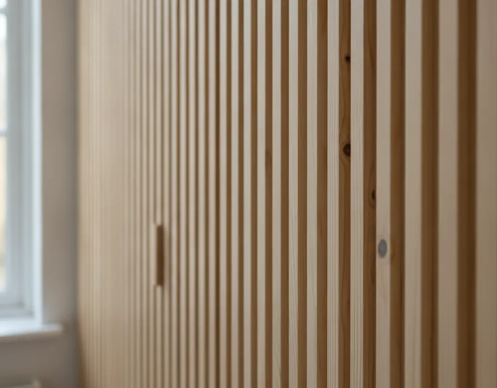 Close-up of a DIY fluted wardrobe door showing vertical slat texture