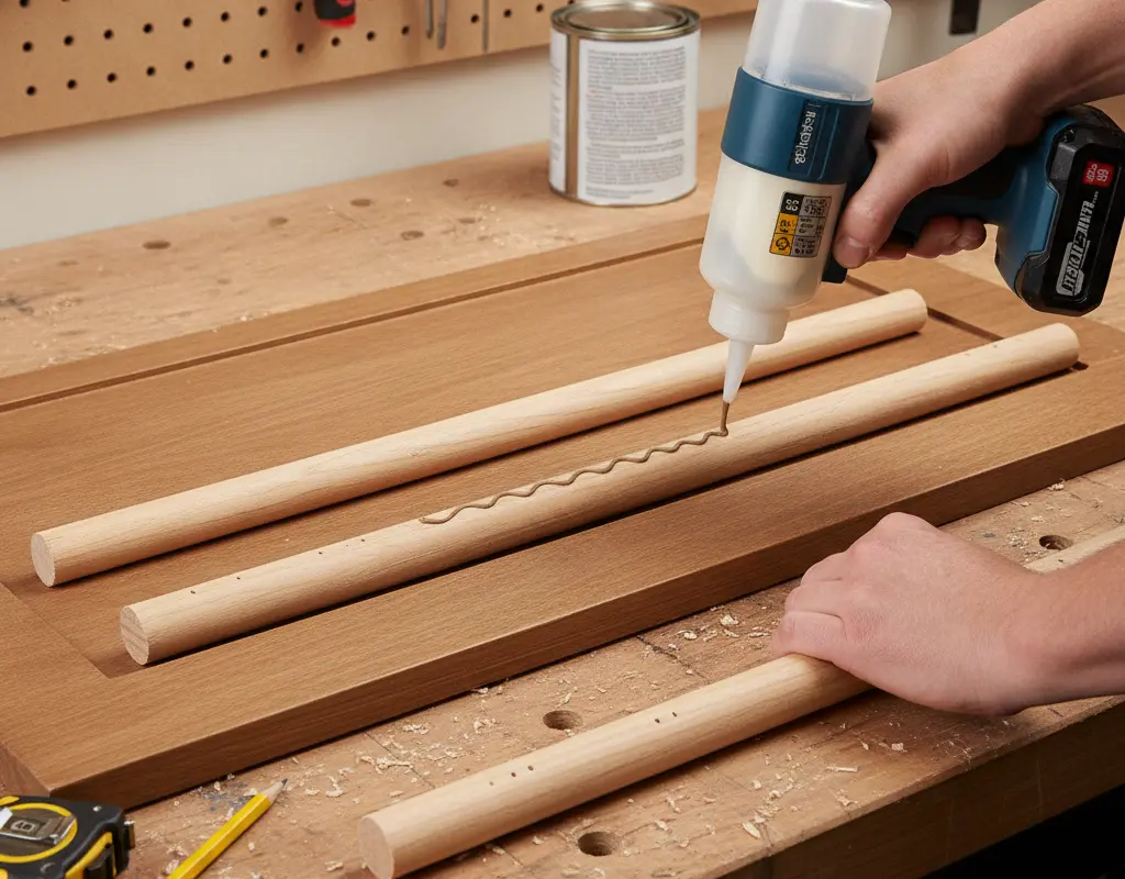 Tools and materials for DIY fluted wardrobe doors on a workbench
