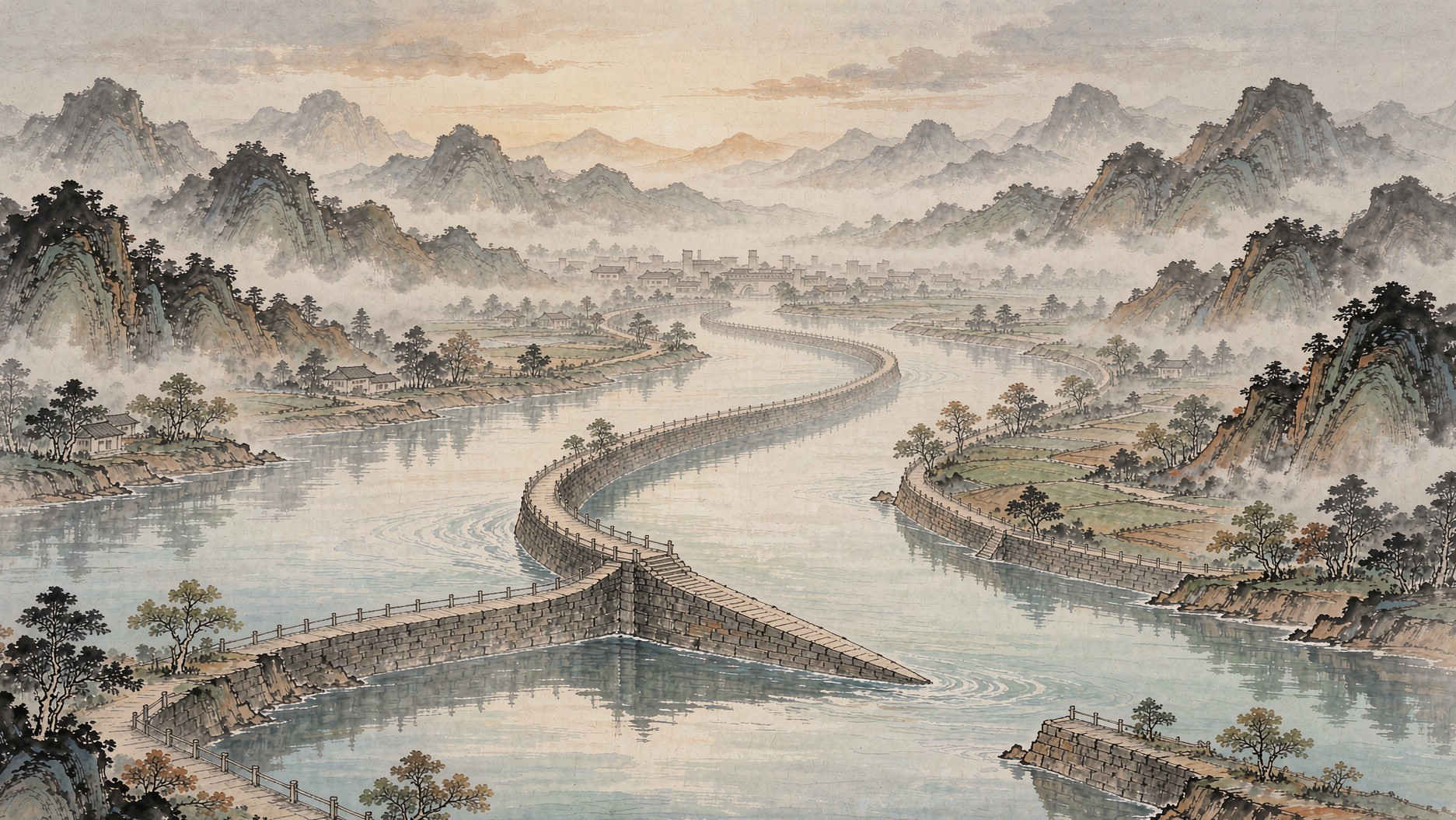 灵渠渠首铧嘴与大小天平全景